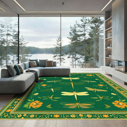Green Yellow Dragonfly Floral Border Rug