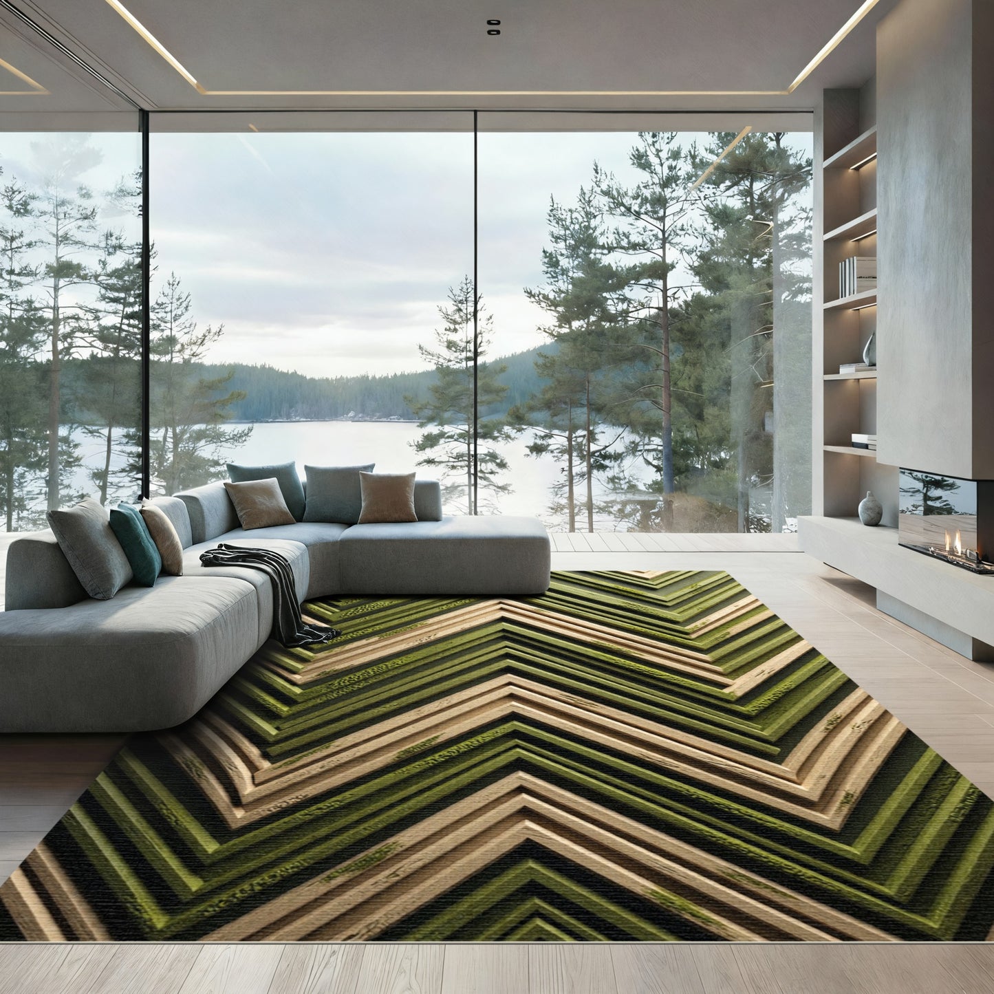 Zigzag Woodland Green Natural Wood Rug