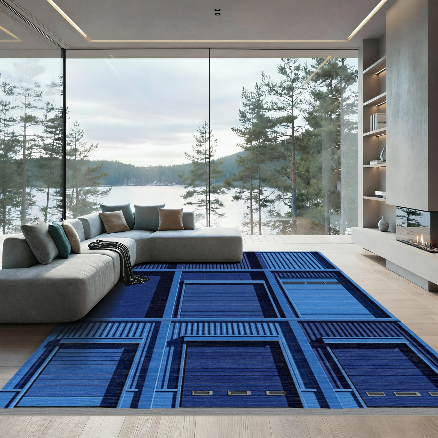 Cobalt Blue Geometric Ribbed Texture Rug