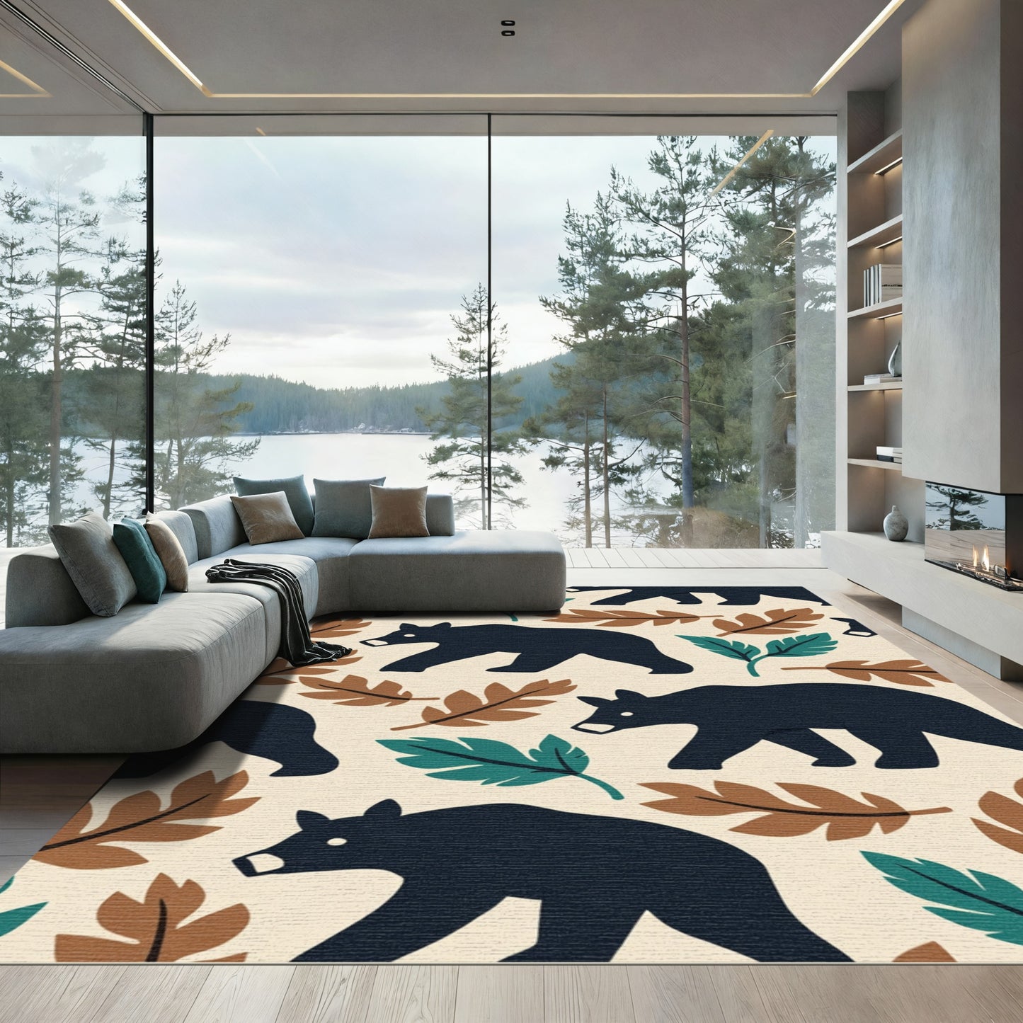 Rustic Black Bear Forest Leaves Rug