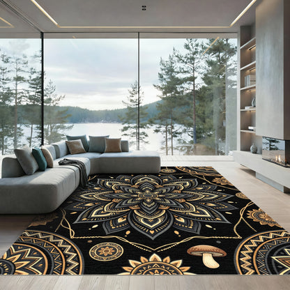 Elegant Charcoal and Gold Mandala Art Rug