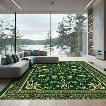 Golden Animals Green Floral Scroll Rug