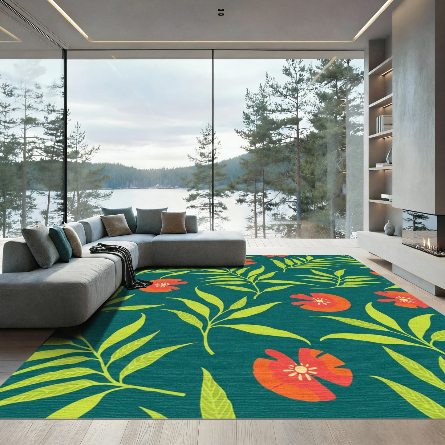 Vibrant Scarlet Bloom Leafy Collage Rug