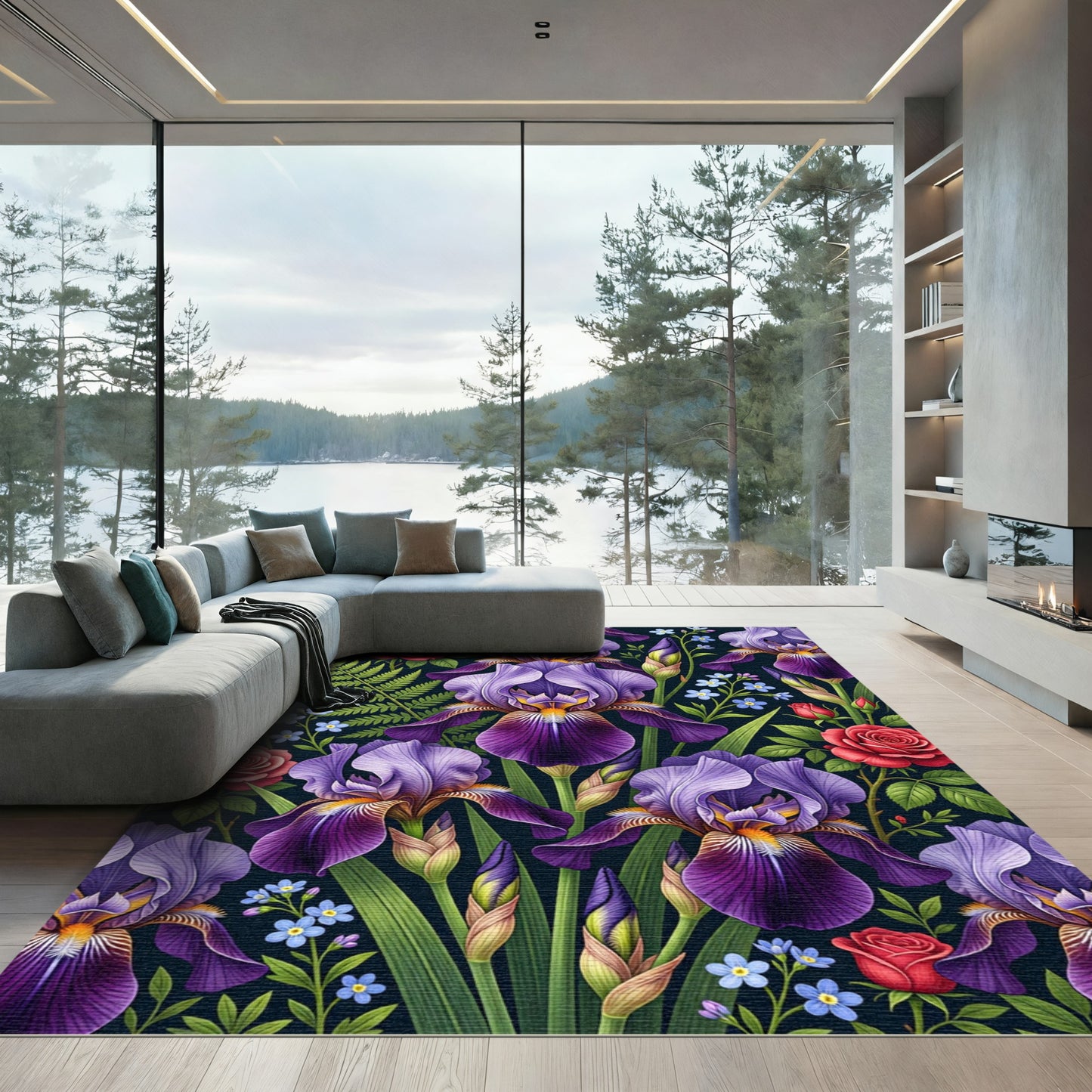 Vibrant Purple Iris Rose Botanical Garden Rug