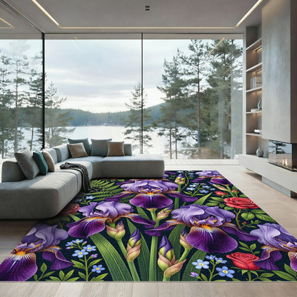 Vibrant Purple Iris Rose Botanical Garden Rug