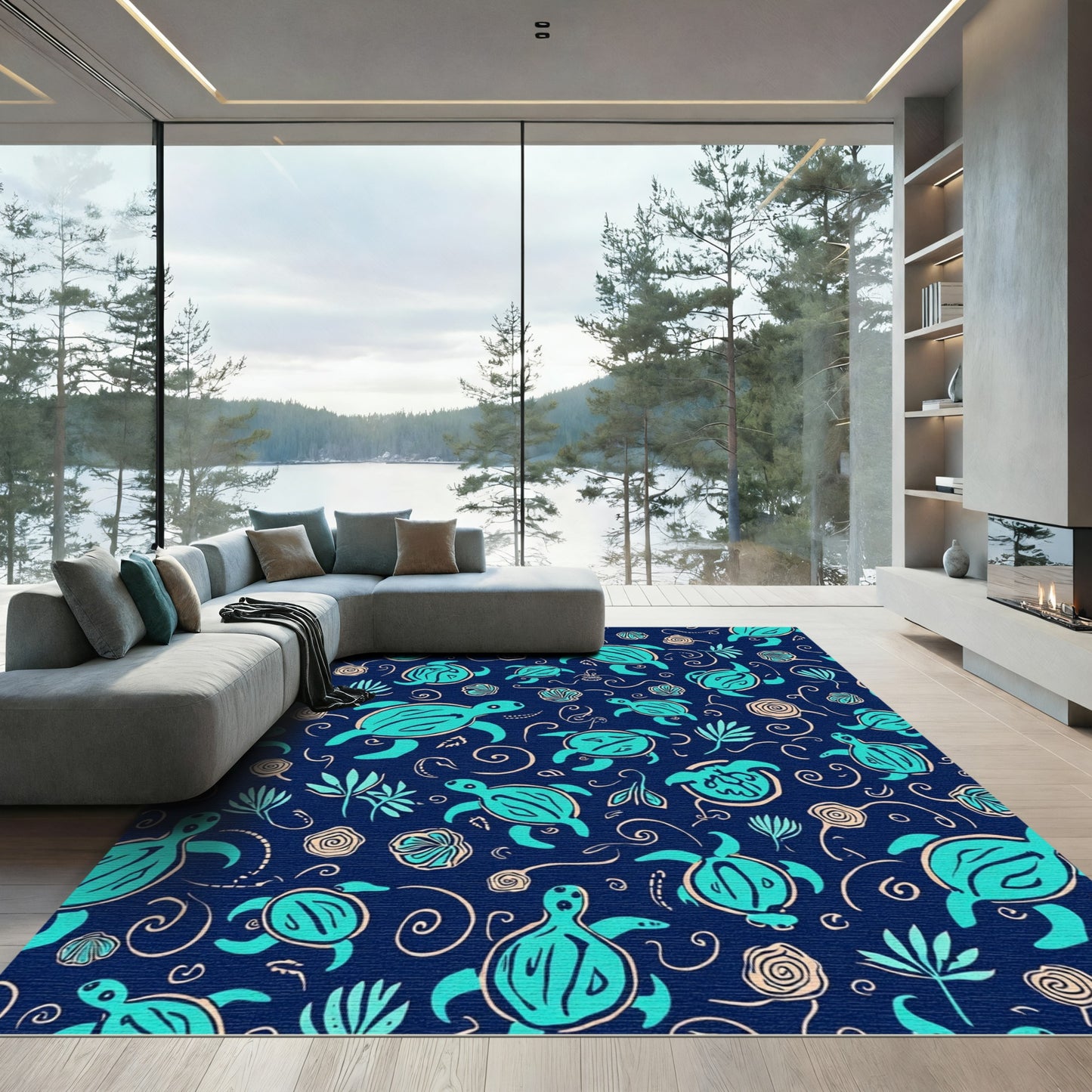 Aqua Sea Turtle Navy All Over Rug