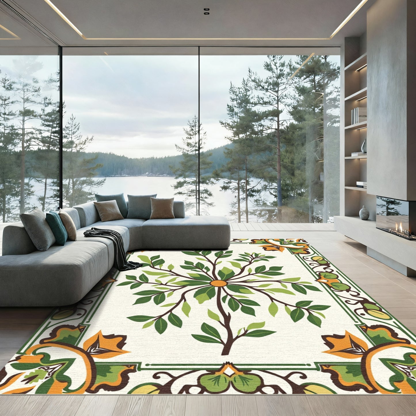 Ornate Orange Green Floral Tree Rug