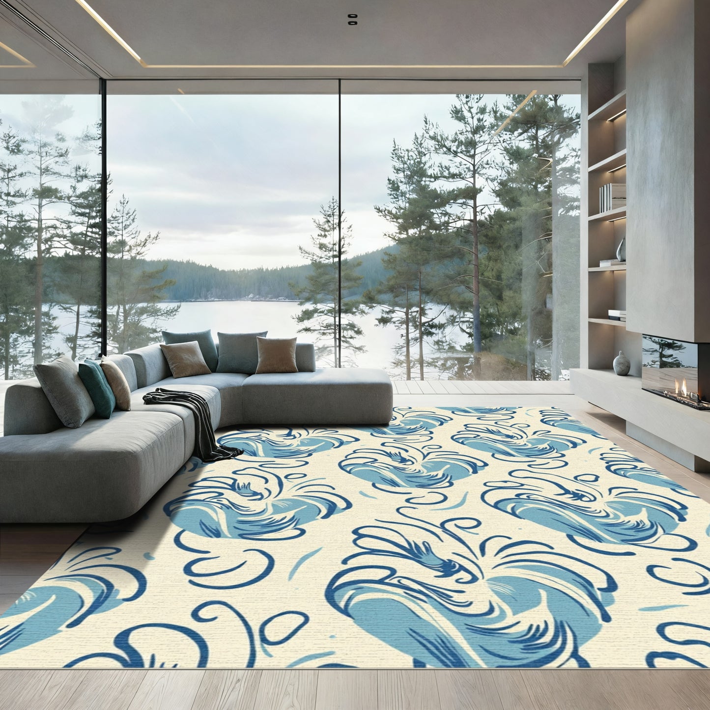 Blue Floral Swirl Cream Rug