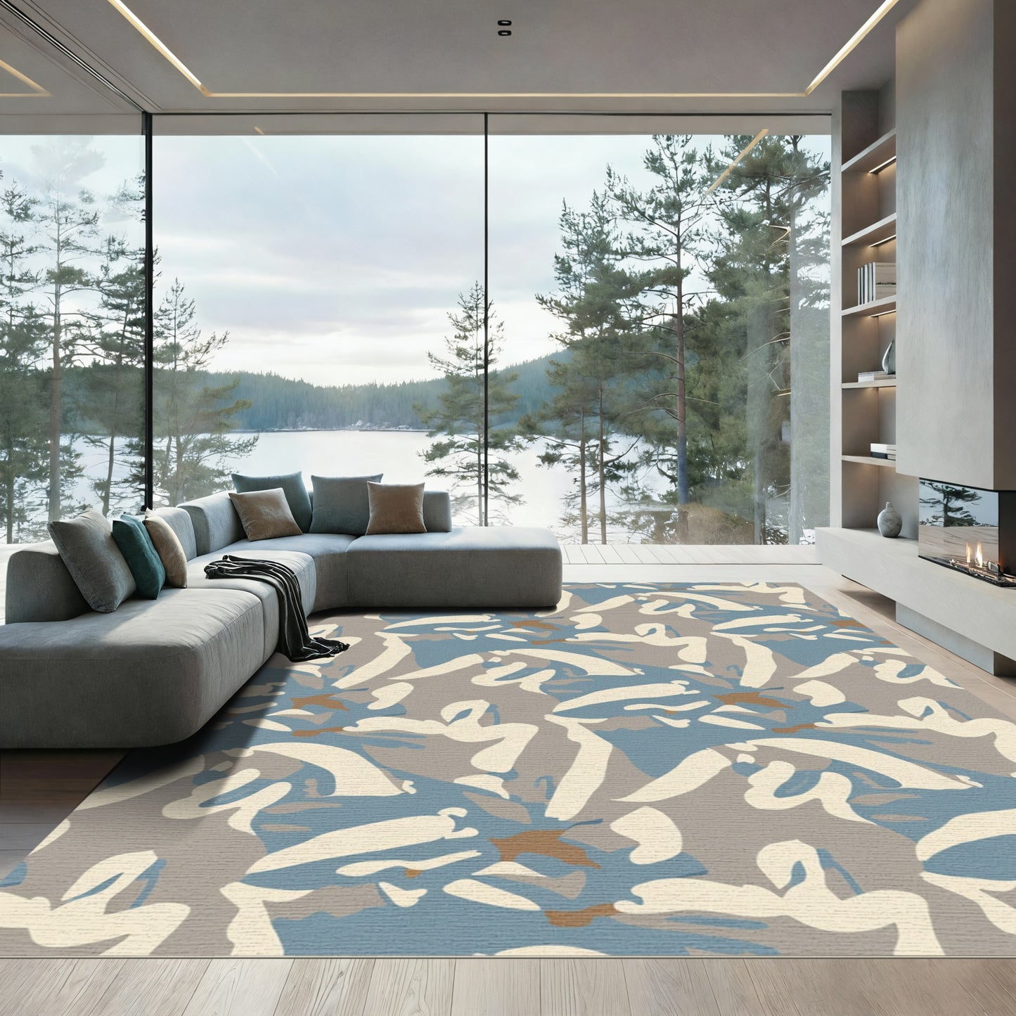 Earthy Blue Cream Camouflage Swirls Rug