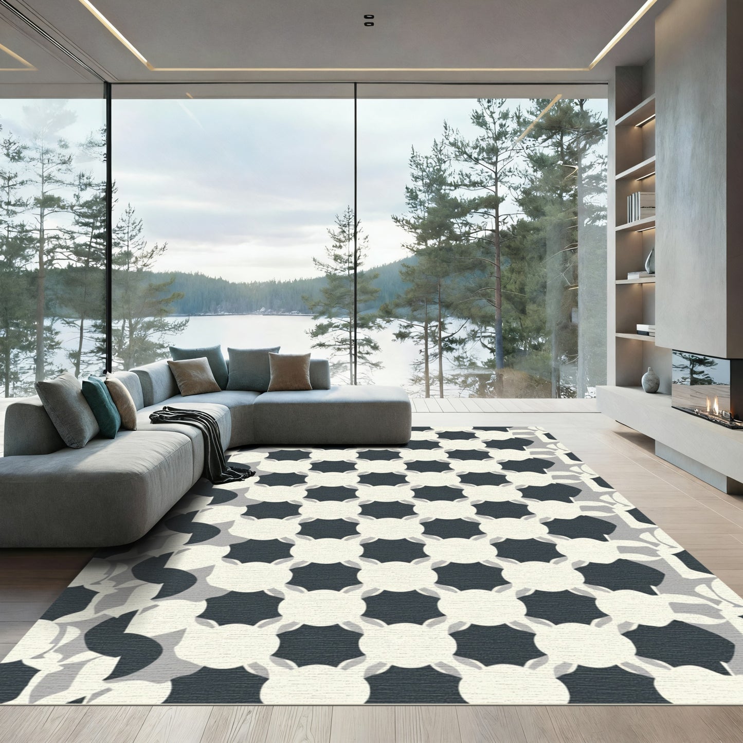 Dark Cream Geometric Grid Rug