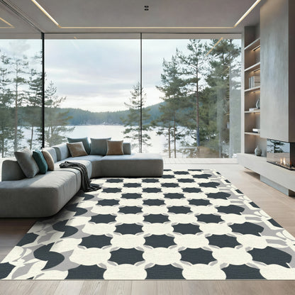 Dark Cream Geometric Grid Rug