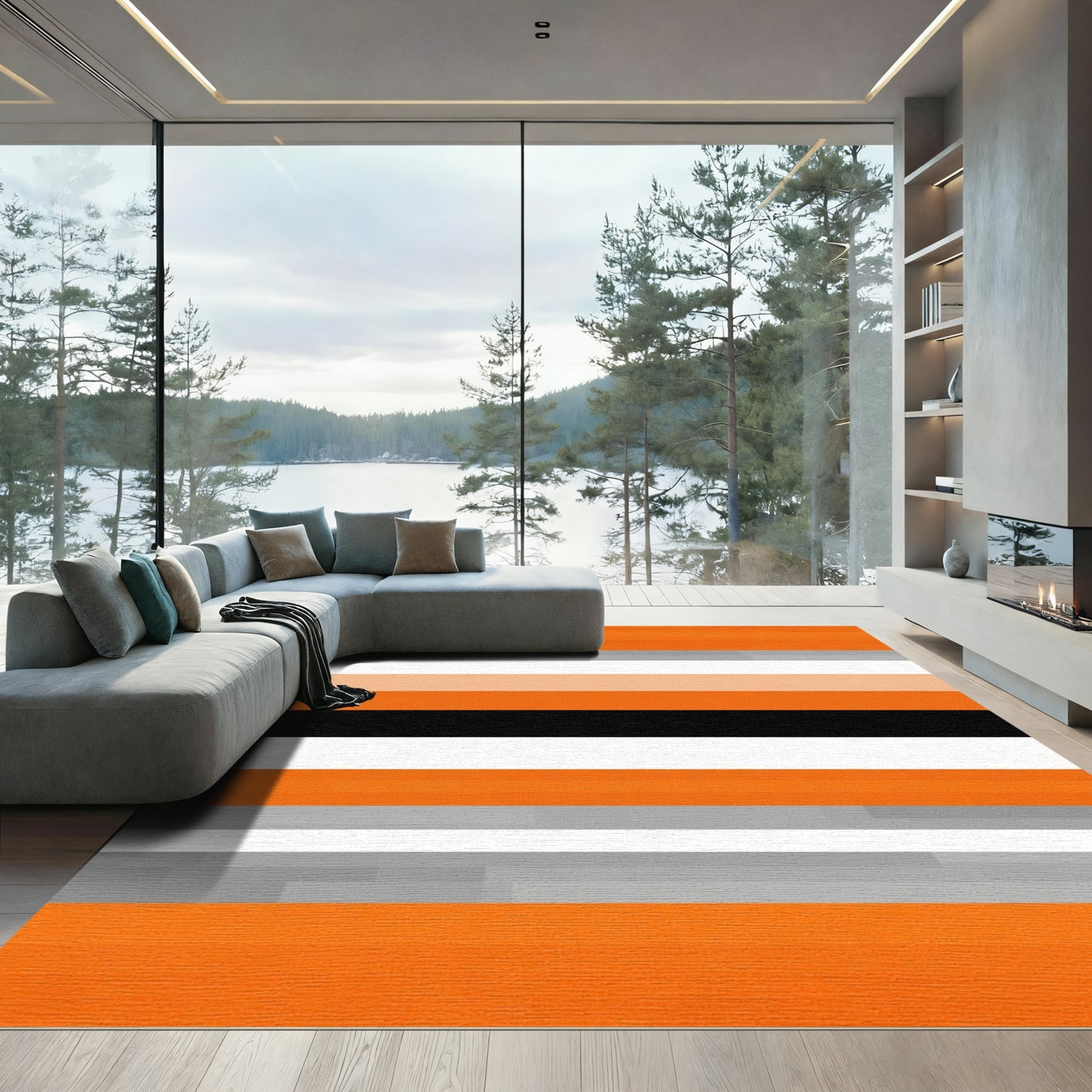 Abstract Orange Black White Stripe Rug