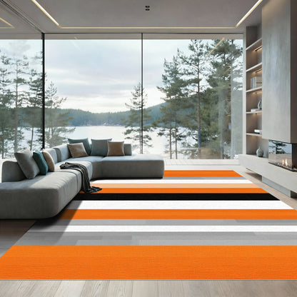 Abstract Orange Black White Stripe Rug