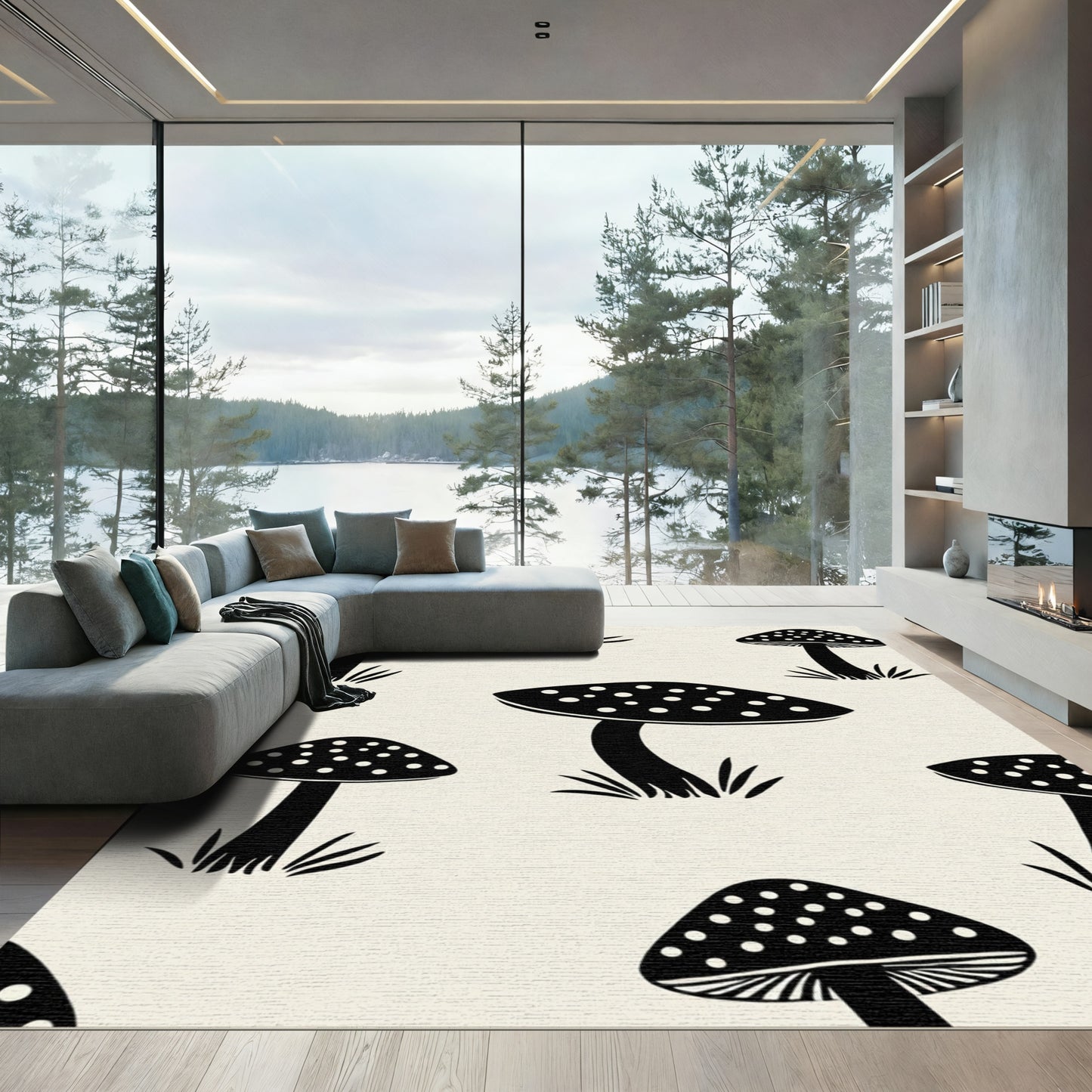 Black Spotted Mushroom Woodland Scene Rug