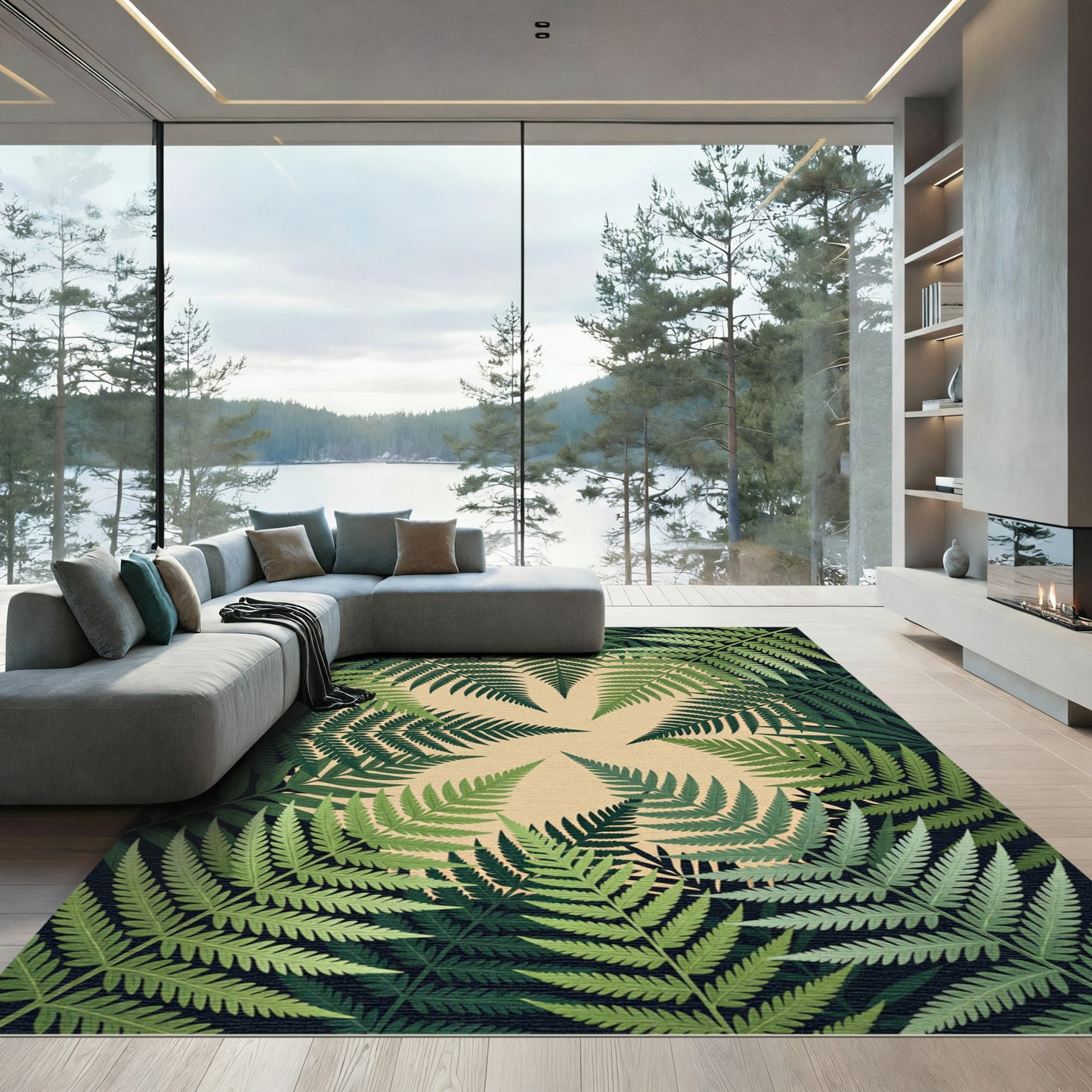 Lush Green Tropical Fern Circular Foliage Rug