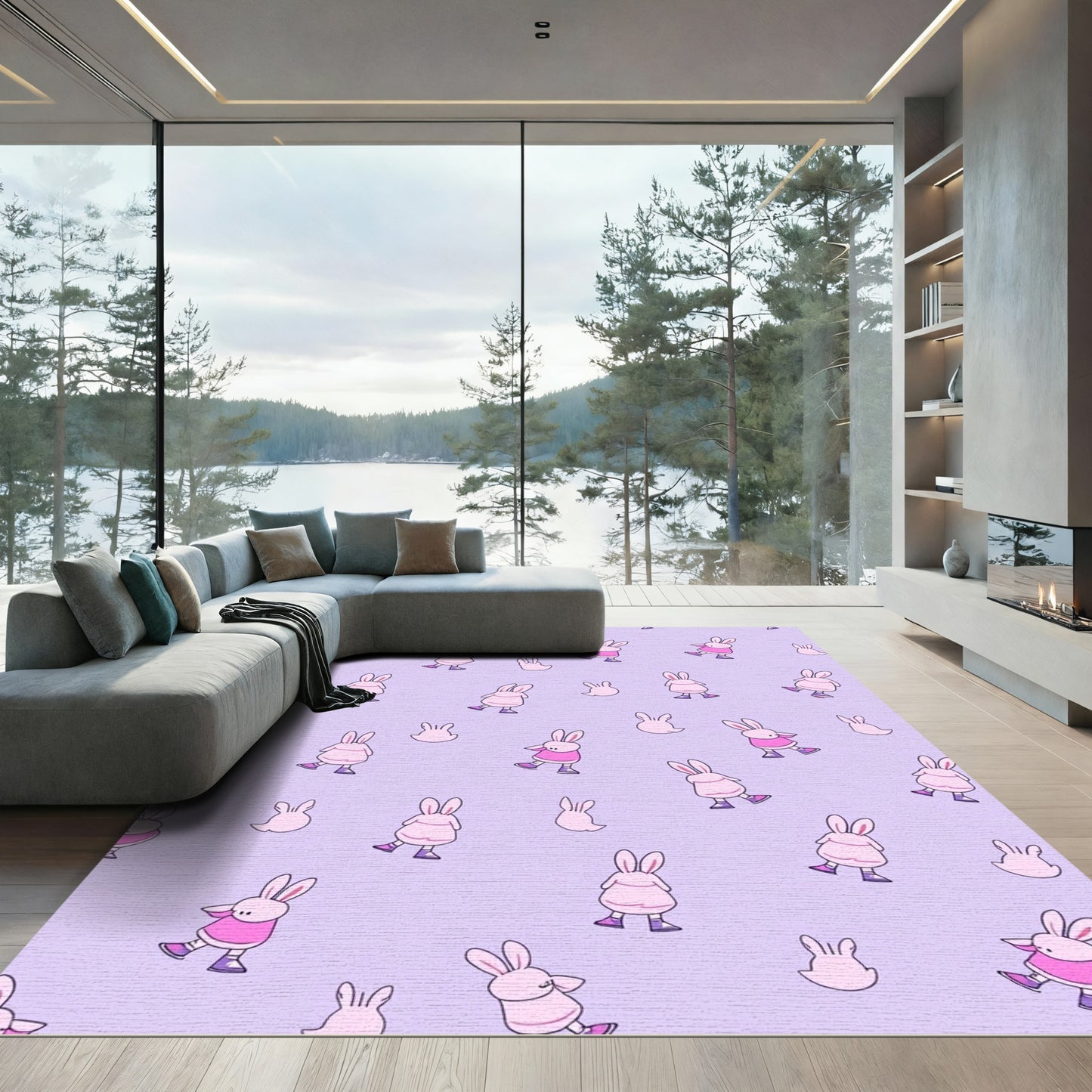 Playful Pink Bunny Cartoon Jam Rug