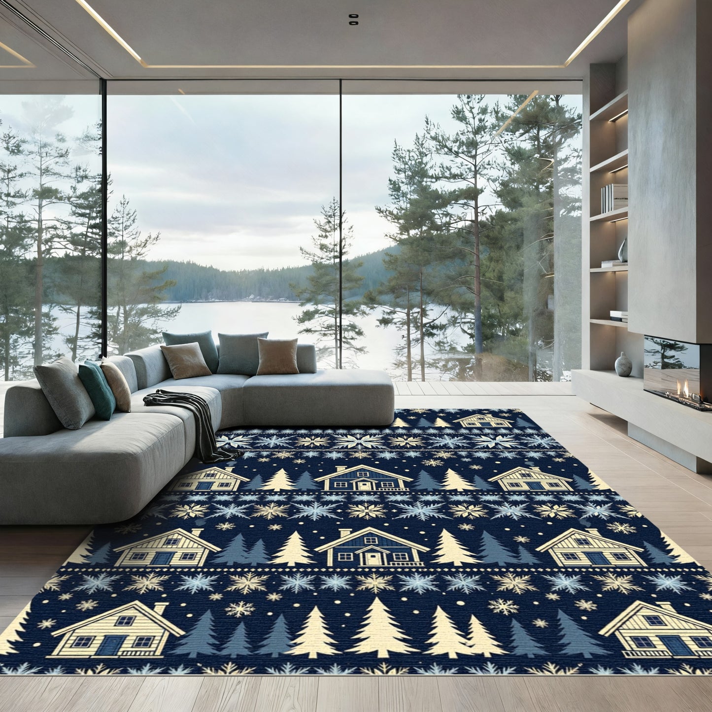 Navy Nordic Winter Cabin Snowflakes Rug