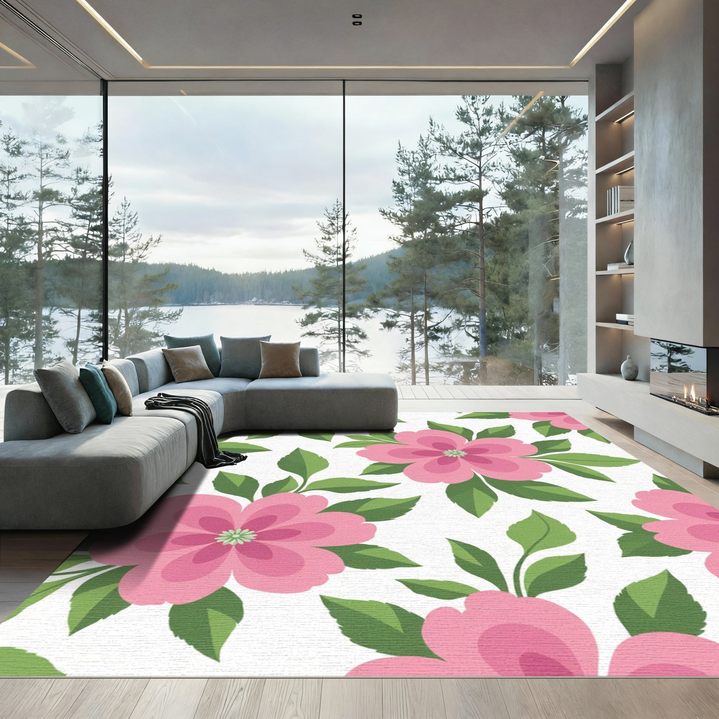Pink Blossom Leafy Background Rug