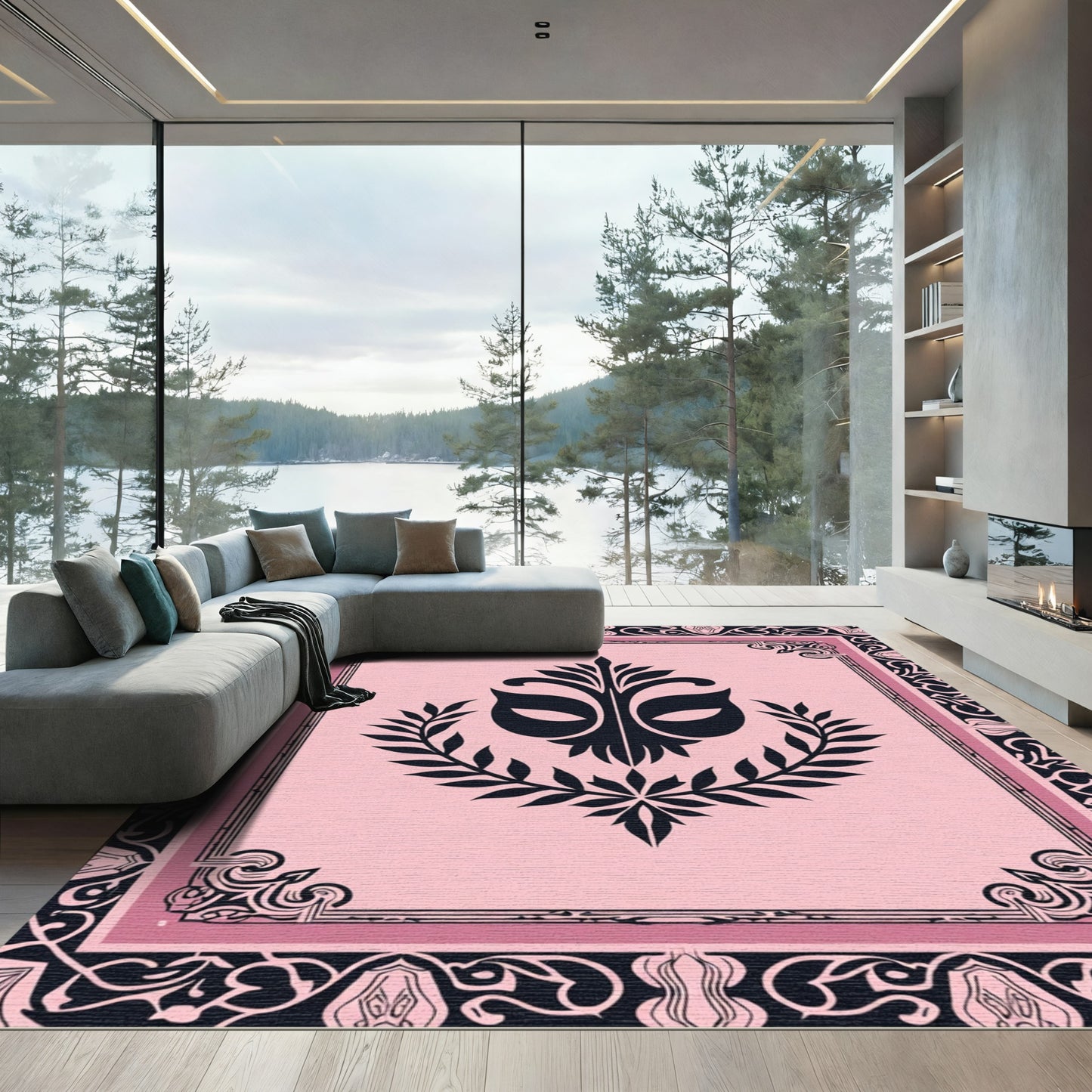 Pink Black Mask Laurel Wreath Icon Rug