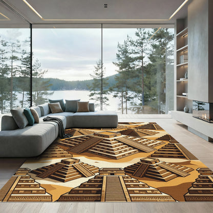 Golden Aztec Pyramid Geometric Terracotta Landscape Rug