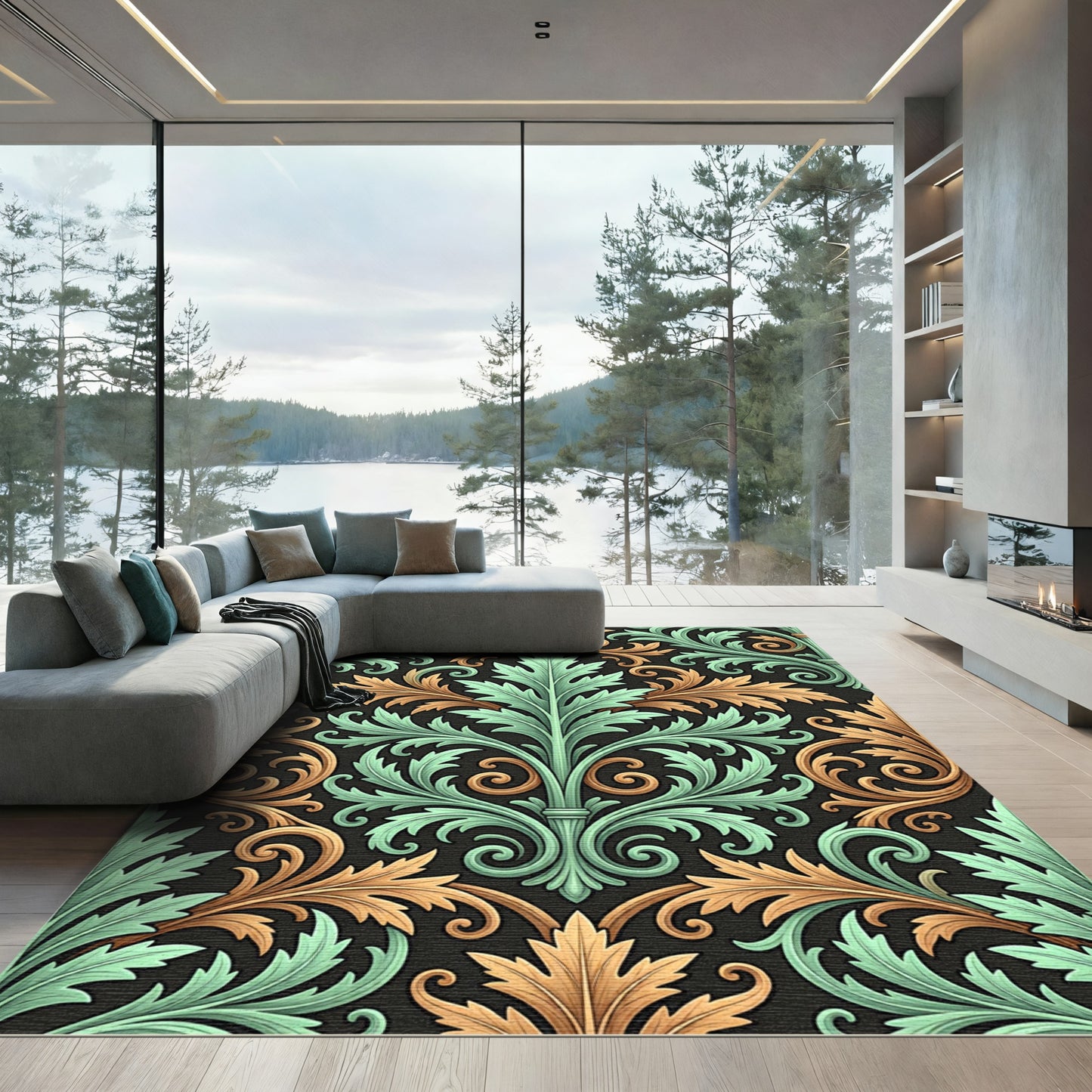 Baroque Sage and Ochre Acanthus Scroll Rug