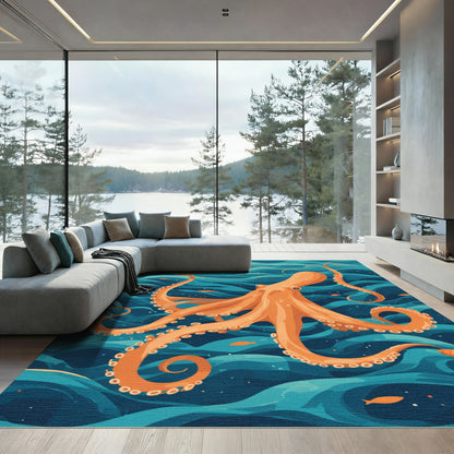 Orange Octopus Ocean Waves Rug