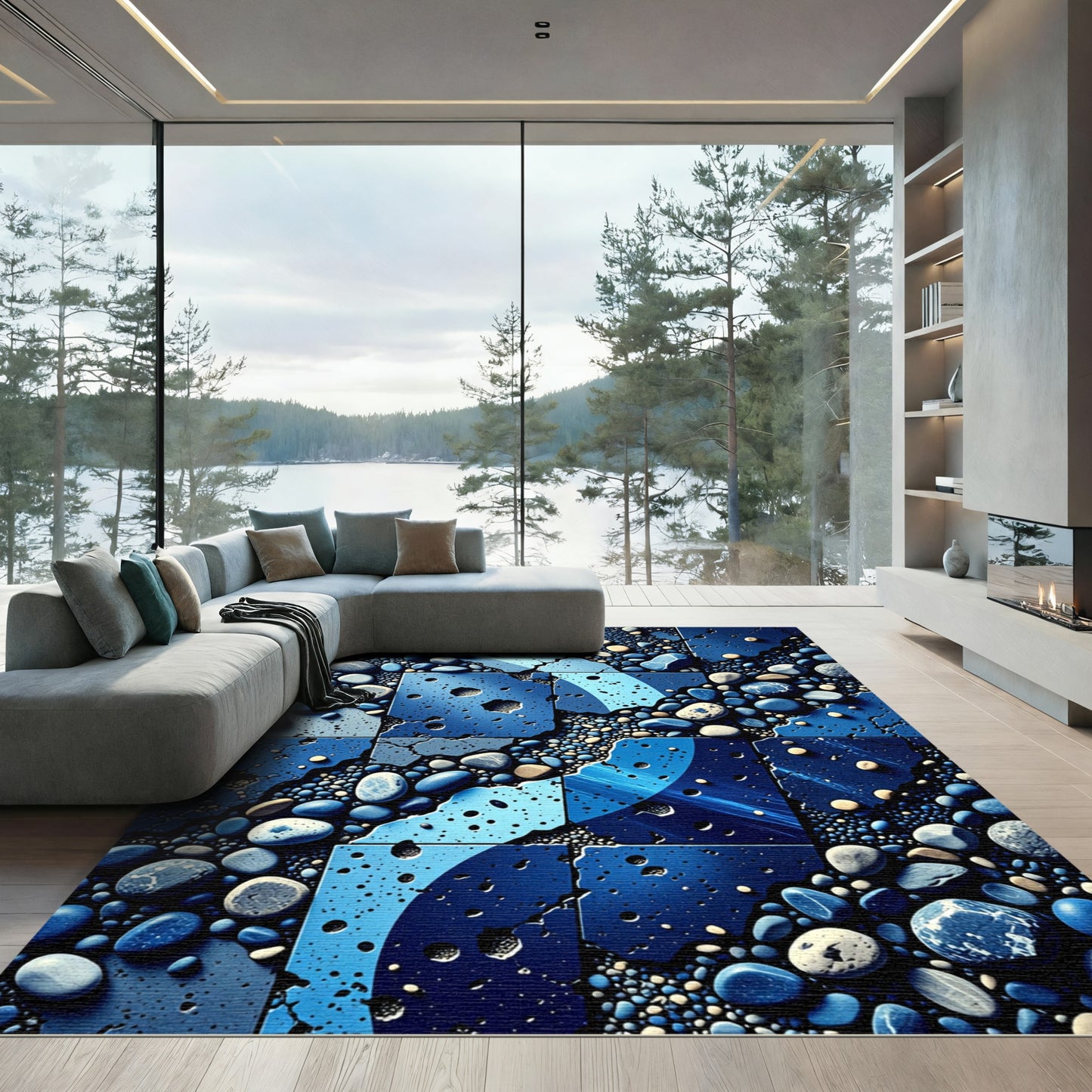 Cool Blue Pebble Mosaic Collage Rug