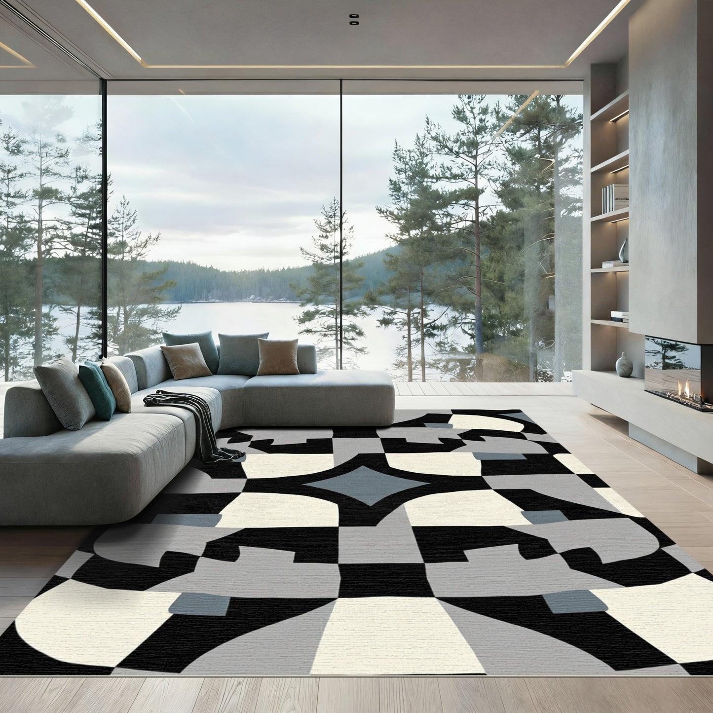 Monochromatic Abstract Geometric Shape Rug