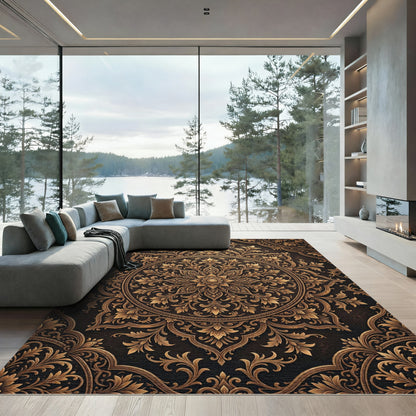 Ornate Golden Floral Mandala Scroll Rug