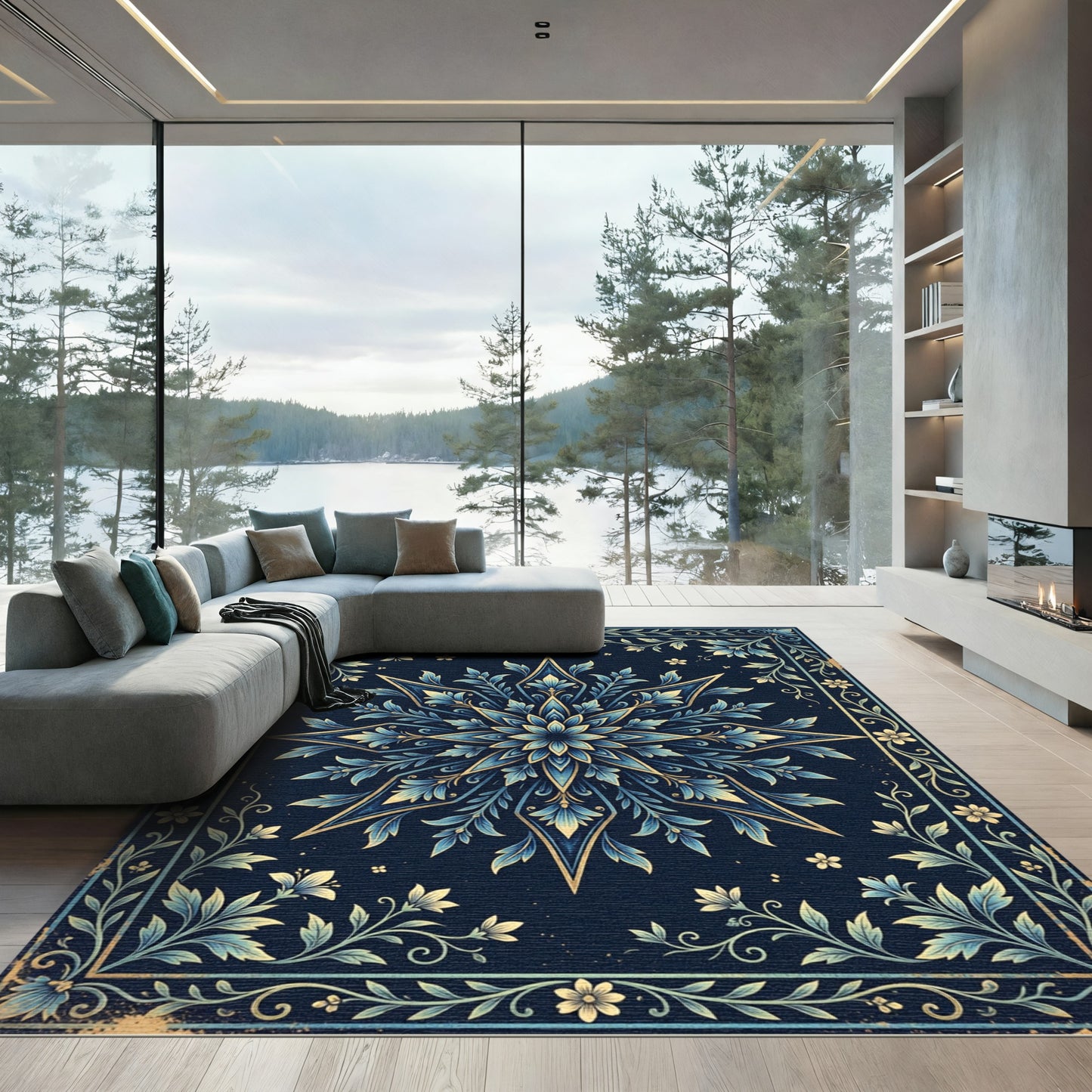 Elegant Midnight Blue Floral Star Rug