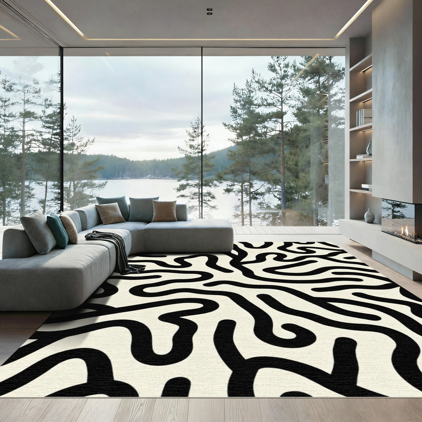 Black Organic Abstract Maze Rug