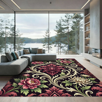 Ornate Crimson Floral Damask Scroll Rug