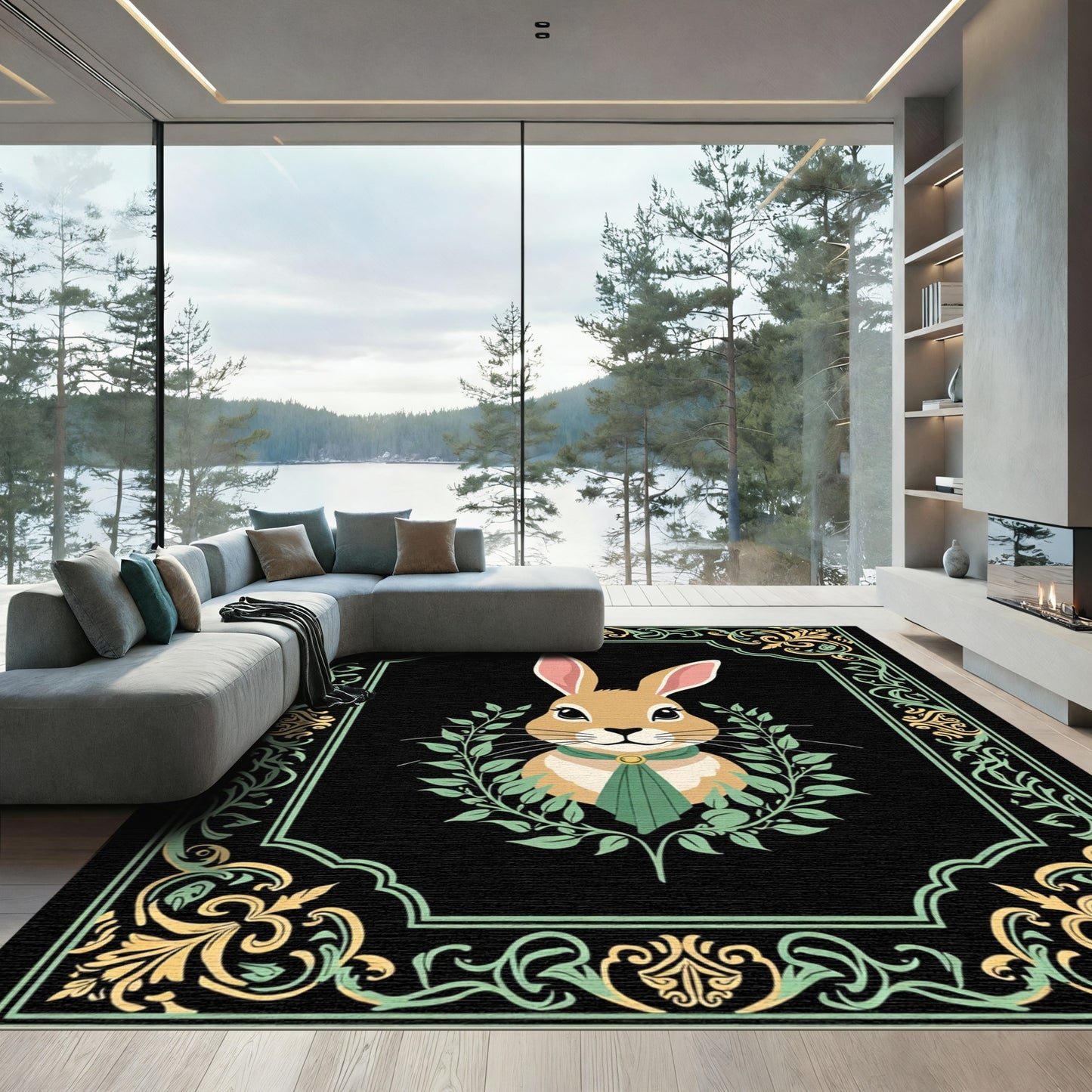 Elegant Rabbit Golden Scroll Border Rug