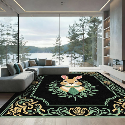 Elegant Rabbit Golden Scroll Border Rug