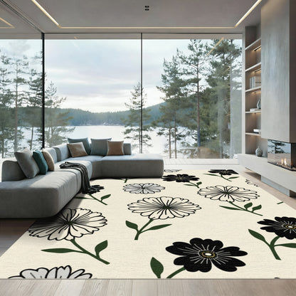 Simple Floral Black White Light Beige Rug