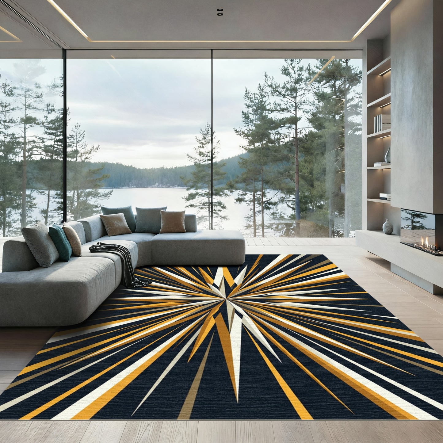 Exploding Starburst Gold White Rug