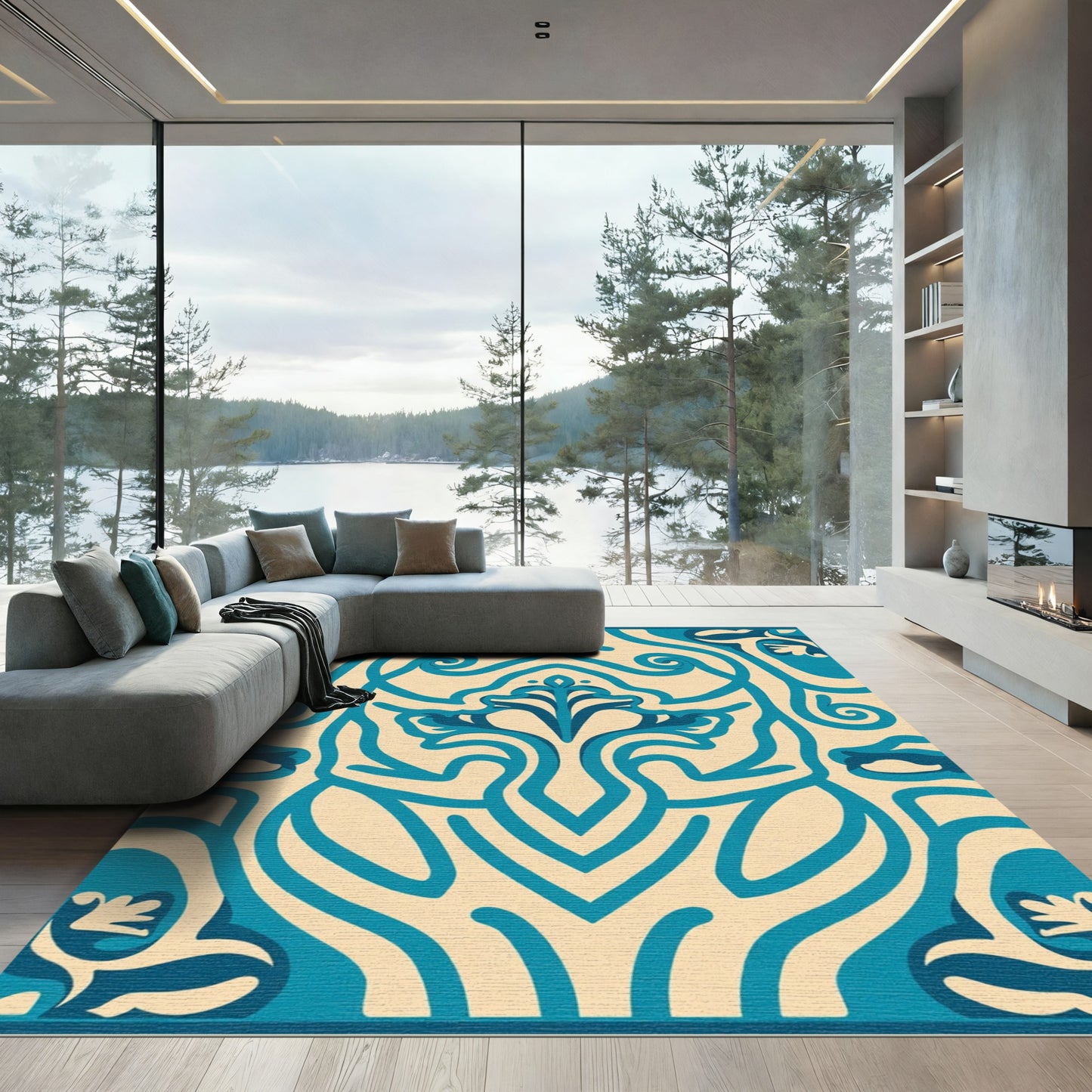 Teal Floral Scroll Cream Decorative Rug