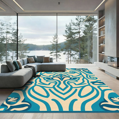 Teal Floral Scroll Cream Decorative Rug
