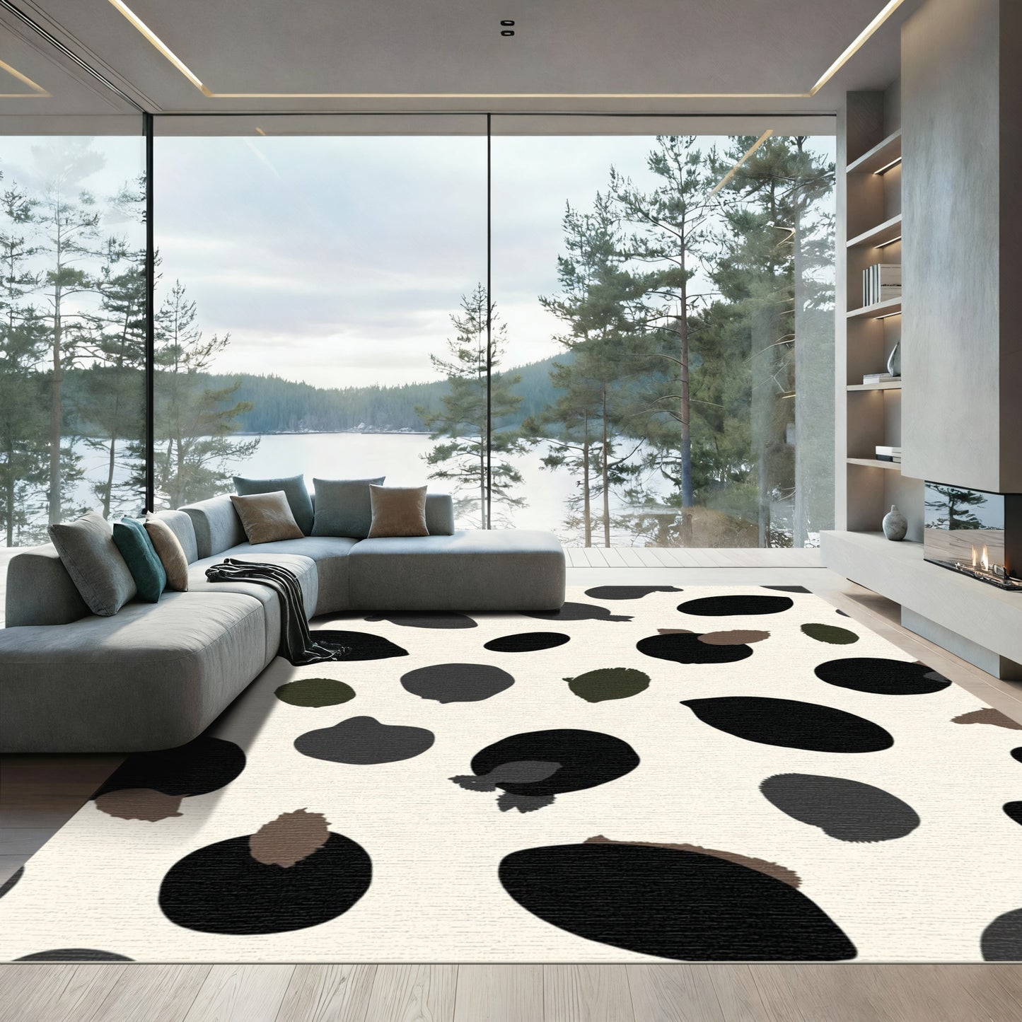 Abstract Black Tan Organic Shapes Rug