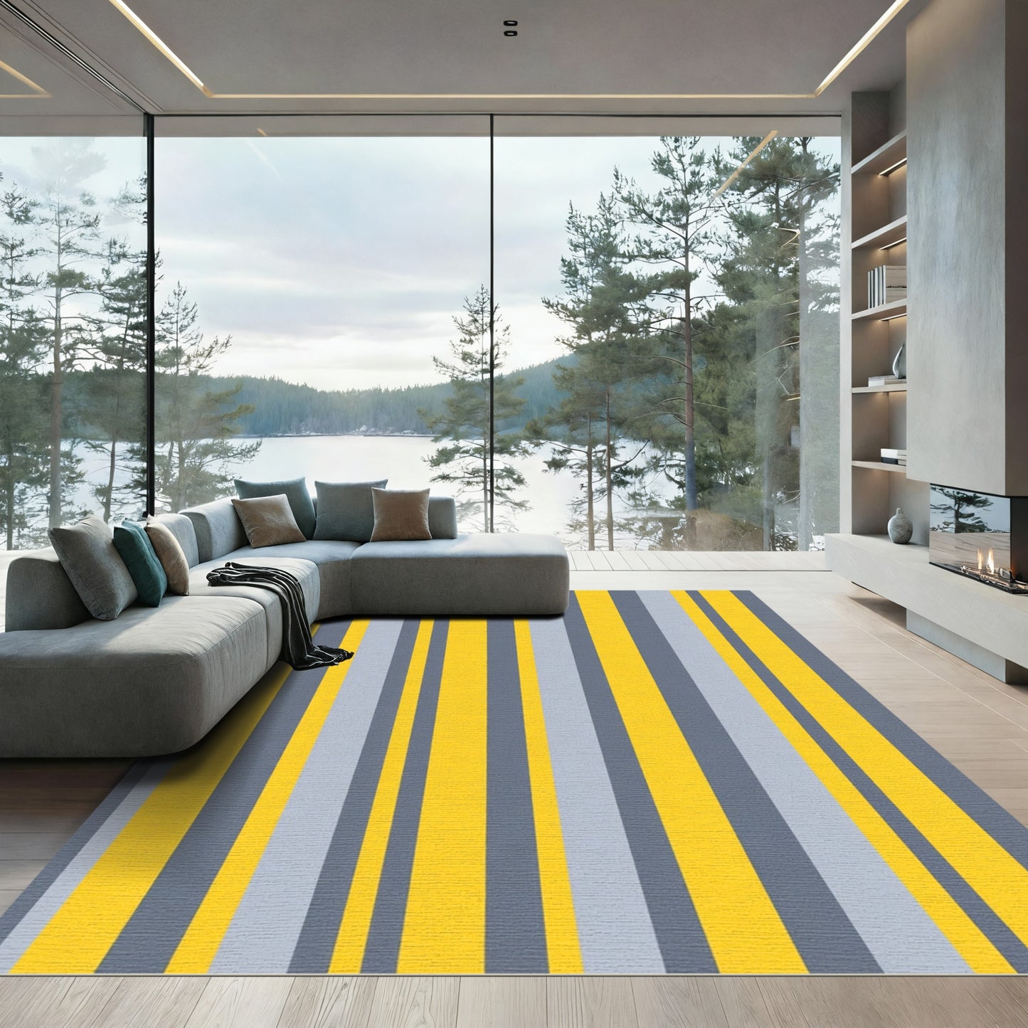 Modern Yellow Gray Vertical Stripes Rug