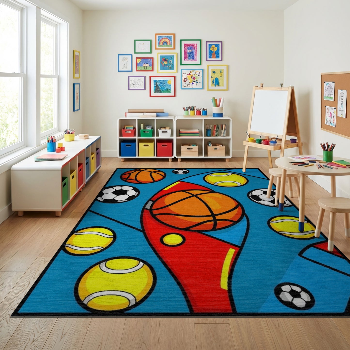 Vibrant Geometric Sports Balls Rug