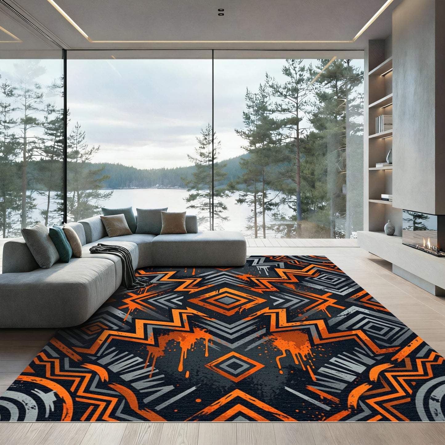 Bold Orange Gray Geometric Graffiti Rug