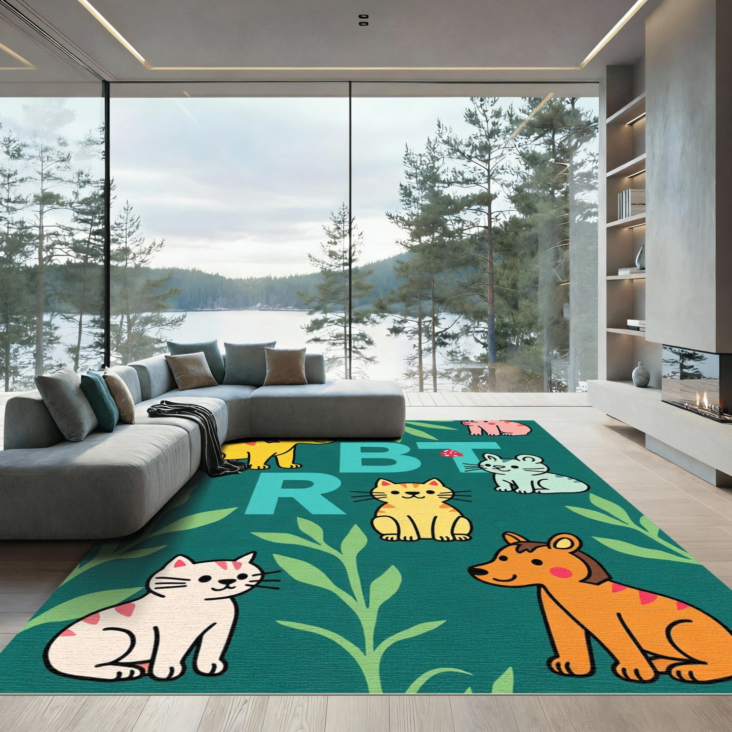 Whimsical Cartoon Animals Jungle Green Rug