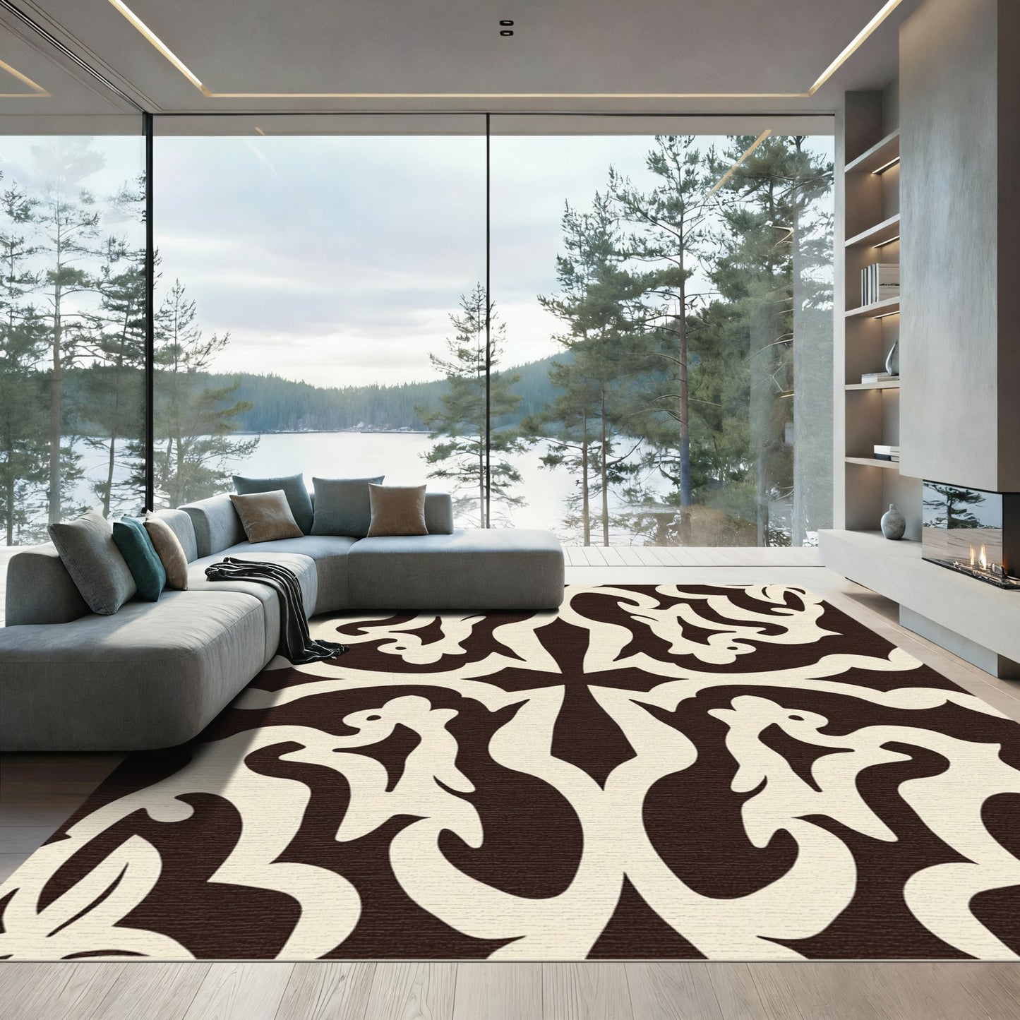 Rich Chocolate Ivory Scrolling Vine Rug