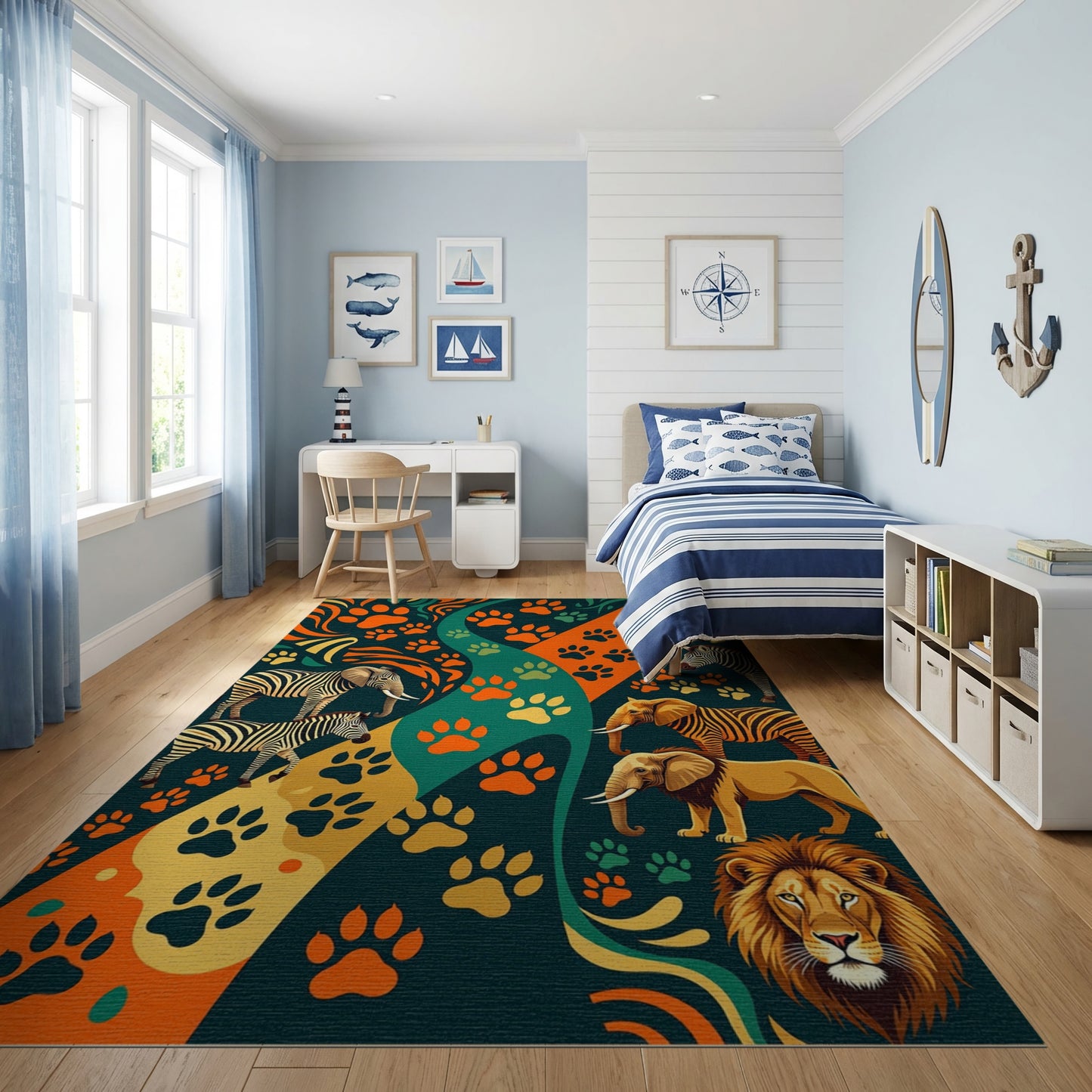 Vibrant Paw Prints Zebras Elephants Lion Rug