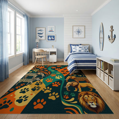 Vibrant Paw Prints Zebras Elephants Lion Rug
