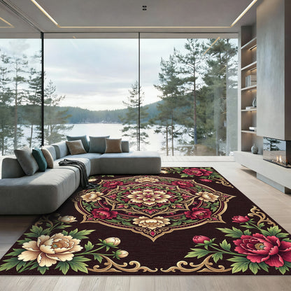 Elegant Burgundy Cream Floral Medallion Rug