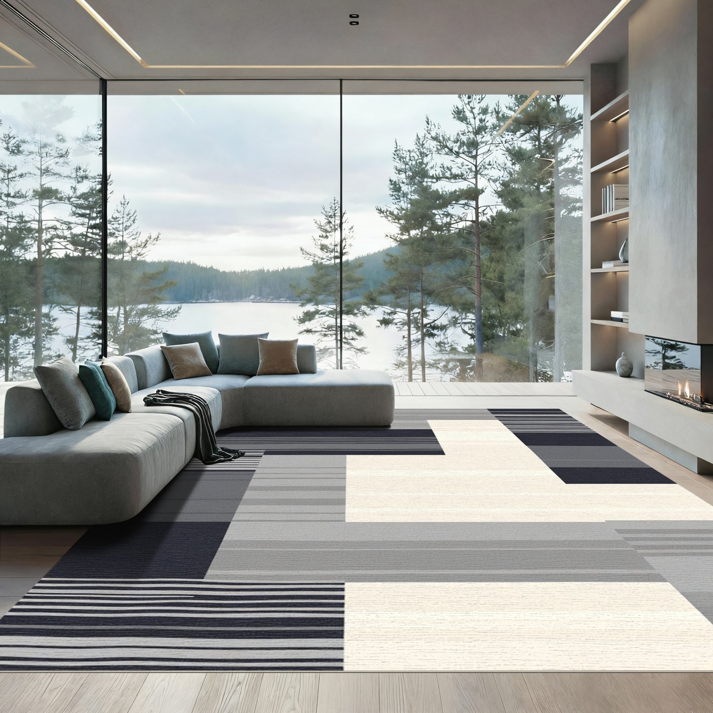 Modern Gray Geometric Stripe Collage Rug