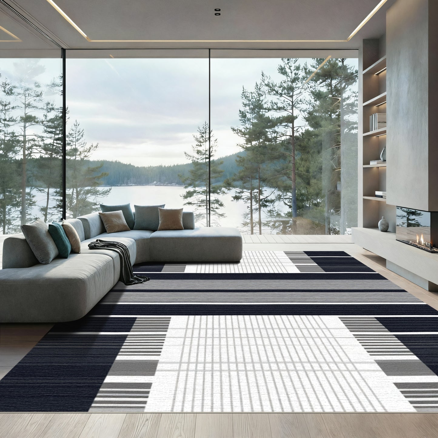 Modern Dark Gray Grid Stripe Rug
