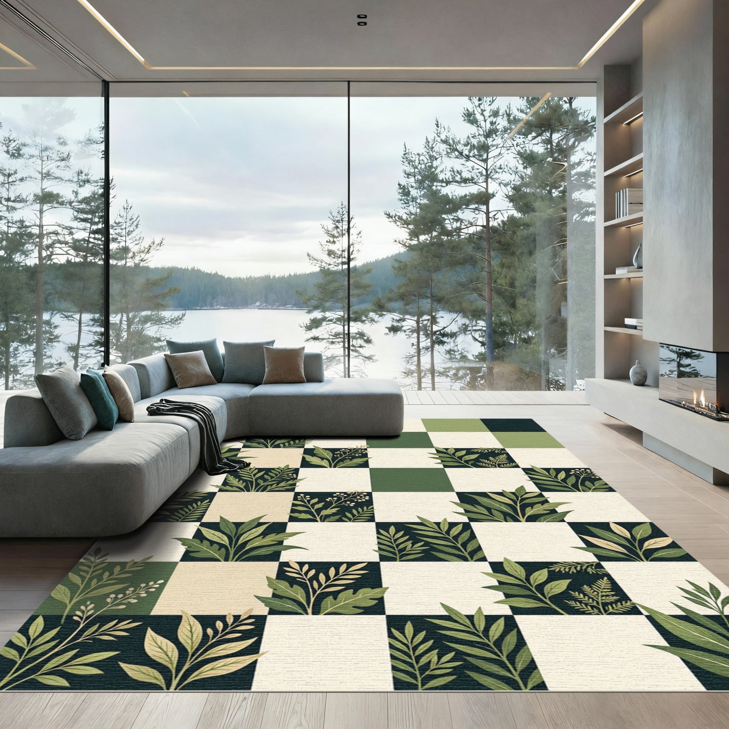 Botanical Green Checkerboard Leaf Garden Rug